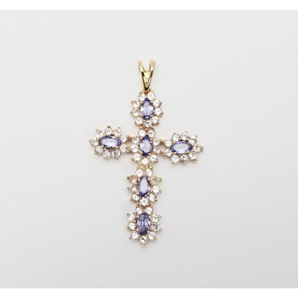 Unique 10K Karat Solid Yellow Gold Religious Tanzanite & CZ Cross Pendant Charm - Picture 5 of 13